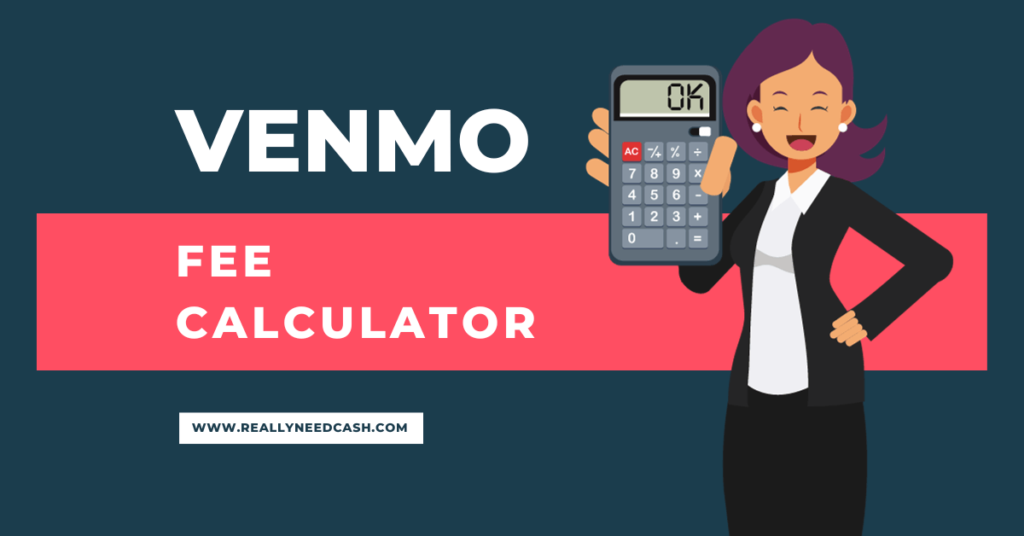 Venmo fee calculator web page. The calculator is displayed with fields to select payment type, amount, and transfer speed. It shows an example calculation of estimated fees for sending $100 via credit card as $3. The page title reads 'Venmo Fee Calculator' at the top